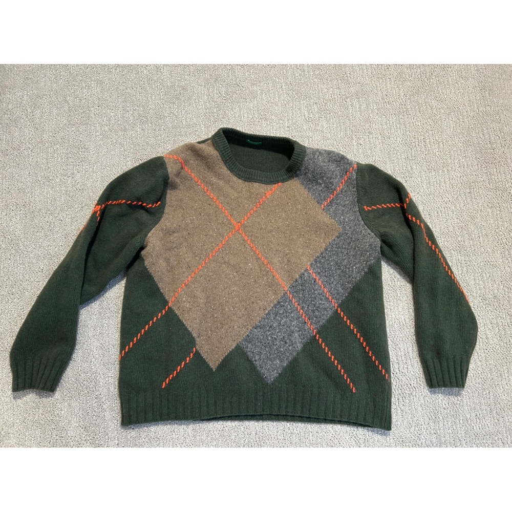United Colors of Benetton Mens‎ Green Argyle Knit Sweater Orange Stitching